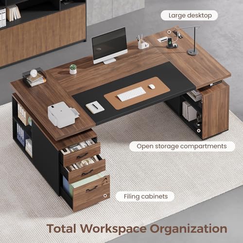 71" Electric Standing Desk with Drawers, Electric Height Adjustable Executive Desk with Lockable File Cabinet, Home Office Desk, Open Storage Compartments, Built-in Power Outlet, Black - Image 4