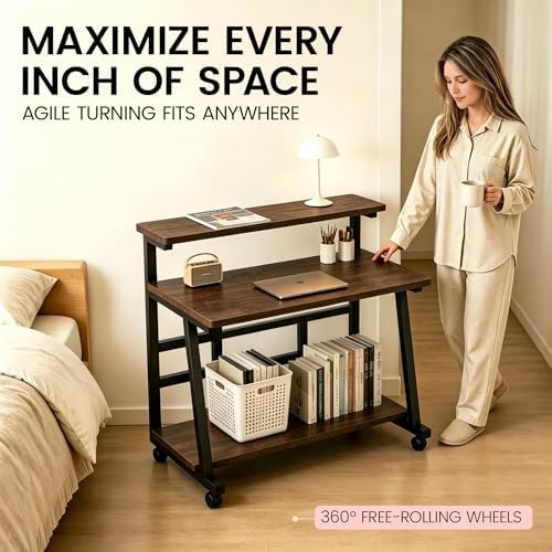 39.4 Inch Compact Rolling Computer Desk with Tier Worktable & Lockable Wheels, Small Computer Desk, Small Desk for Bedroom, Mobile Writing Workstation Easy Assembly for Home Office Small Spaces - Image 6