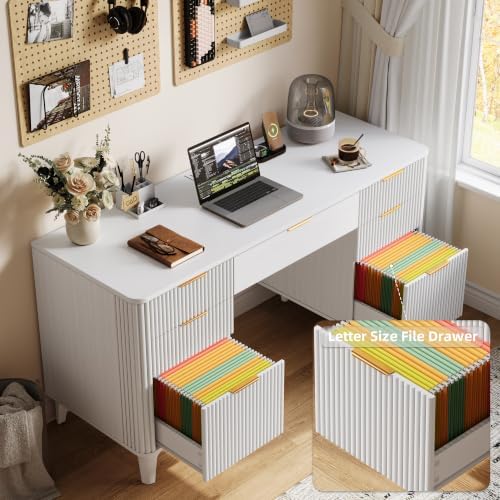 55.1" Fluted Executive Desk with Drawers, Wood Computer Desk with Storage Cabinet, Home Office Desk with Charging Station, Farmhouse Desk with File Cabinet for Office Home (White) - Image 5