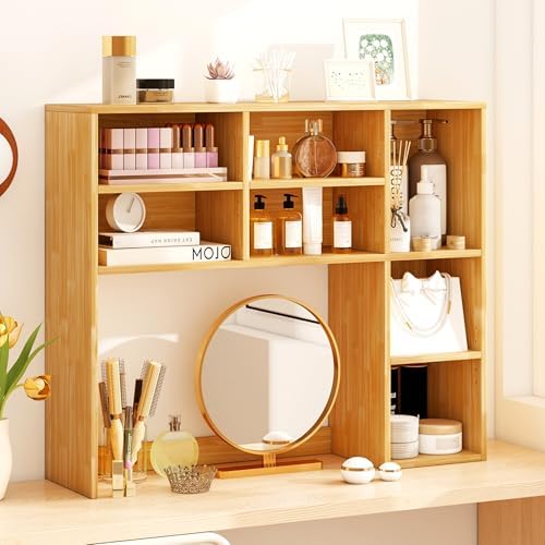 Tangkula Desktop Bookshelf, 37" Countertop Storage Hutch with 7 Cubes & 3 Adjustable Shelves, 3-Tier Desk Display Rack Organizer, Multipurpose Wood Desktop Hutch for Dorm Home Office (Burlywood) - Image 4