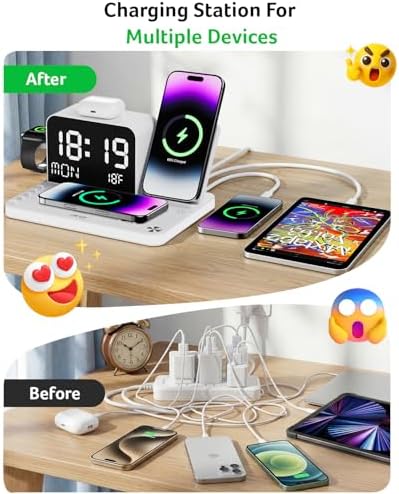 Acer 7-in-1 Wireless Charging Station with LED Clock - 30W Fast Wireless Charger for iPhone 16/15/14/13/12/Pro Max, Apple Watch, AirPods - Bluetooth Auto Time Sync & Night Lights (White) - Image 4