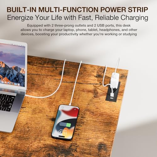 TEMI Small Computer Desk Folding Table - No Assembly, Compact 44.3" Foldable Desk with Power Outlets & USB Charging Port, Portable Small Office Desk, Ideal Mini Study Table for Narrow Spaces, Brown - Image 4