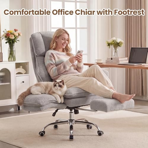 Big and Tall Office Chair with Flip Arms and Footrest, Teddy Criss Cross Legged Home Office Desk Chair with Pet Seat, Comfy Reclining Computer Gaming Chair, Grey - Image 2