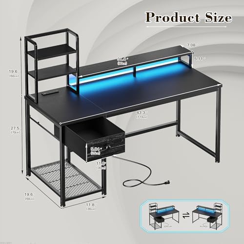 EnHomee 44" Gaming Desk with Hutch and Drawers,Black - Image 3