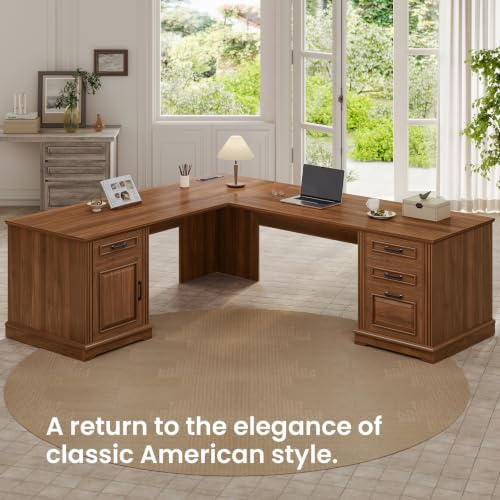 Itaar Farmhouse Executive L Shaped Desk, Home Office Desk with File Drawer and Power Outlet, Computer Corner Desk with Drawers and Storage Cabinet, Workstation for Office Home, Brown - Image 5
