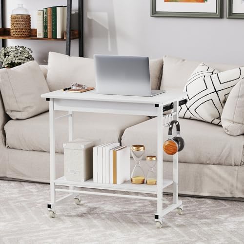 Tangkula Rolling Computer Desk Cart with Keyboard Tray, Mobile Portable Laptop PC Desk with CPU Stand & 3 Hooks for Sofa & Bed, Compact Small Desk on Wheels for Small Spaces (White) - Image 5