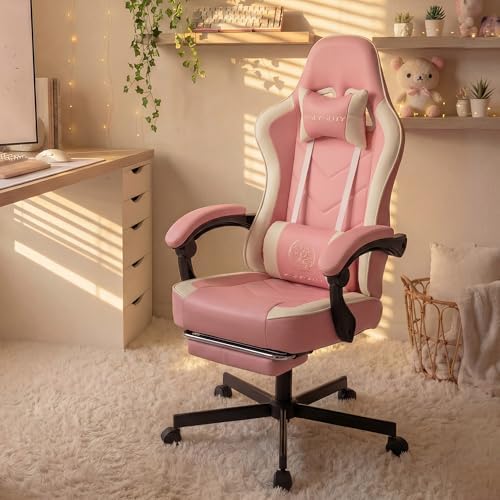 Office Desk Computer Gaming Chair for Adults, Ergonomic High Back Gamer Chair with Massage and Pocket Spring Cushion, Swivel Comfy Video Game Chairs with Footrest and Lumbar Support (Pink White) - Image 2