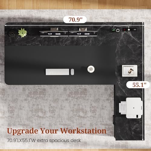 UPOSOJA 71" Executive Desk, Large Office Desk with Drawers & Storage Shelves, Modern L Shaped Computer Desk Corner Desk with Power Outlets, File Cabinet, Business Furniture Desk Workstation (Black) - Image 3