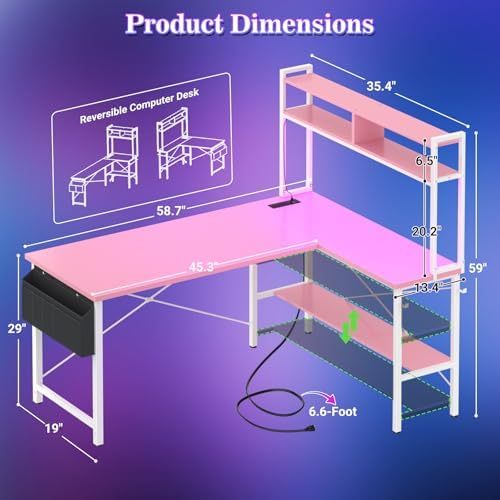 Aheaplus 59" L Shaped Desk Gaming Desk with LED Light & Power Outlet, Pink - Image 3