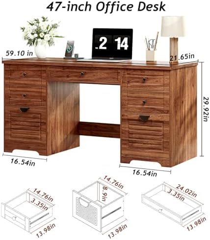 Ieejdn 59" Home Office Desks, Executive Desk, Farmhouse Computer Desk with 7 Drawers and Charging Station, File Drawer, Rustic Computer Writing Desk,Antique Chestnut - Image 2
