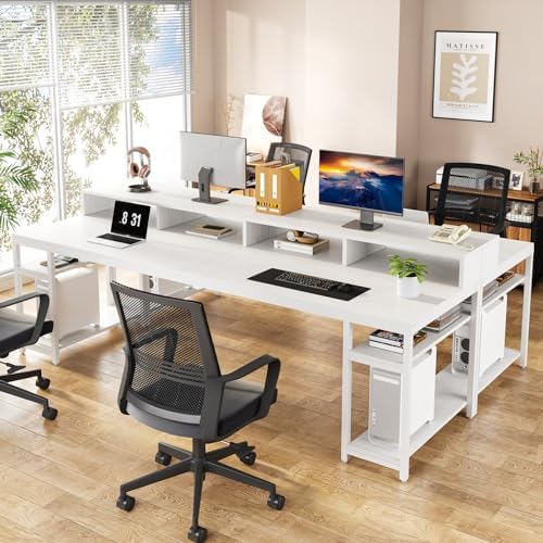 Tribesigns Two Person Desk with Monitor Stand, 78.74" Long Double Computer Office Desk with Storage Shelves, Large Gaming Desk Study Writing Table Workstation for Home Office (White) - Image 6