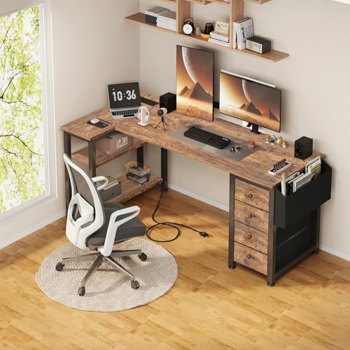 Lufeiya L Shaped Computer Desk with Drawers & Storage Shelves, 55 Inch Corner Desk with Power Outlet for Home Office Bedroom, L-Shaped Teen PC Gaming Desks with Fabric Drawer, Rustic Brown - Image 2
