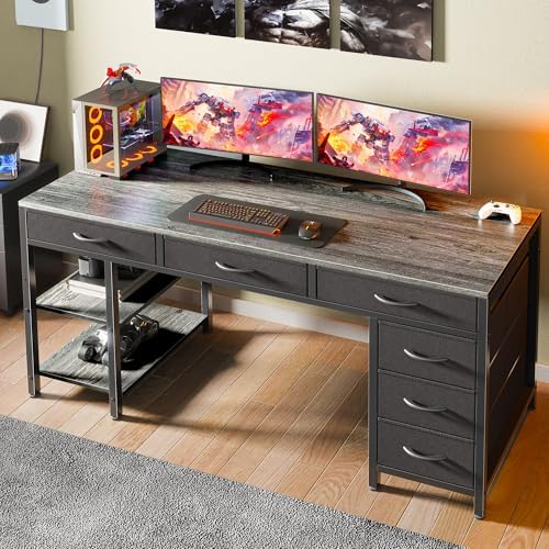 Huuger Computer Desk with 6 Drawers, Office Desk with Shelves, Reversible Gaming Desk, Corner Desk with Storage, Work for Home Office, Study, Living Room, 54inch, Grey - Image 7