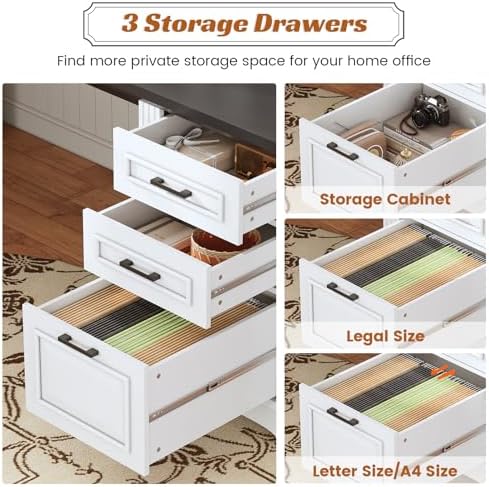 SEDETA Office Desk with 3 Drawers, 55" Executive Computer Desk with Storage Drawers, Farmhouse Desk with Power Outlet for Home Office, White - Image 4