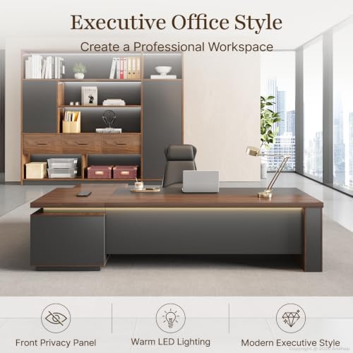 63" L-Shaped Executive Desk with Reversible Return – Modern Office Desk with Drawers, Open Shelves, LED Lighting, Built-in Outlet & USB Ports for Home, Office, School (63" W x 63" D x 30" H) - Image 3