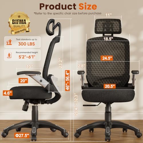 GABRYLLY Ergonomic Office Chair, High Back Home Desk Chair with Flip-Up Arms, 3D Headrest, 90-120° Tilt and Wide Cushion Seat, Big and Tall Computer Chairs for Man Woman, Mesh Chair -Midnight Cloud - Image 2