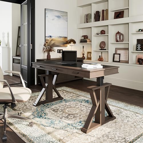 EUREKA ERGONOMIC Leather Standing Desk, 60 inch Executive Desk with Drawers,Modern Oak Grain X-Shaped Leg Sit Stand Desk, Charge Power Outlet Luxury Home Office Computer Desk - Image 3