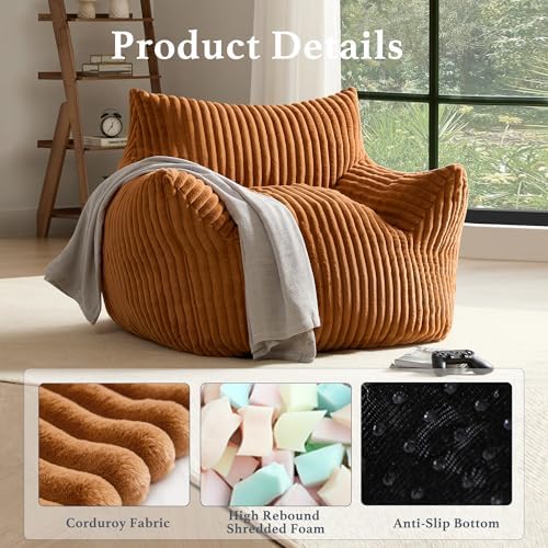 Giant Plush Bean Bag Chair for Adults with Armrests - Oversized Comfy Orange Beanbag Lounge Lazy Floor Sofa Accent Chair for Living Room, Bedroom & Dorm, Cozy Fluffy Single Cloud Mini Couch - Image 3