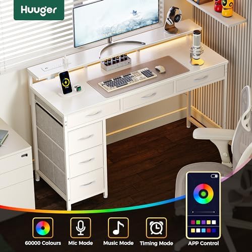 Huuger Gaming Desk with 6 Drawers, Computer Desk with LED Lights Power Outlets and Type-C, 39 Inch Office Desk with Storage, Monitor Stand, Writing Work Desk Home Office, Bedroom, White - Image 4