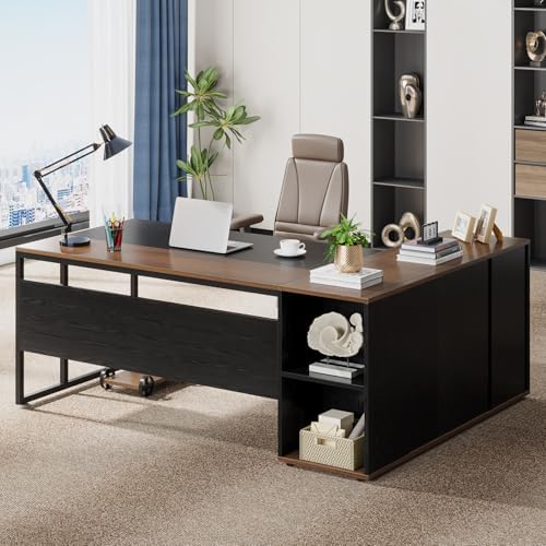 Tribesigns 71 inch Executive Desk, L Shaped Desk with Cabinet Storage, Executive Office Desk with Shelves, Business Furniture Workstation for Home Office, Black and Brown by Tribesigns