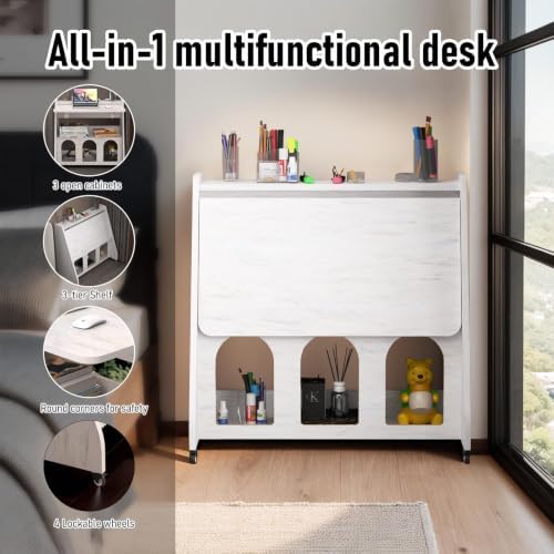 Portable Mobile Desk on Wheels, Mobile Workstation, Rolling Laptop Cart, Rolling Movable Computer Desk with Storage and Wheels for Home Office Small Space (White) - Image 3