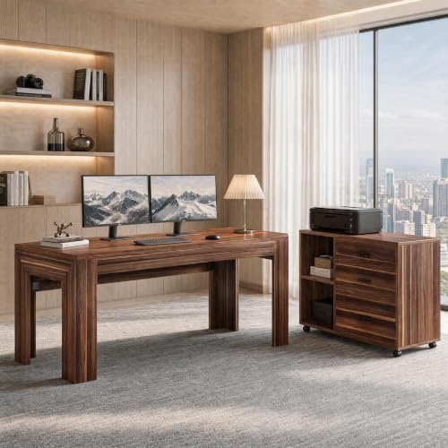 Tribesigns L Shaped Executive Office Desk with Drawers, Light Walnut - Image 3
