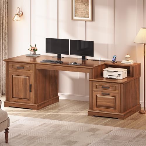 SEDETA Farmhouse Executive Desk, 62'' Home Office Desk with File Drawers, 3Drawer and Storage Cabinet, Computer Desk with Power Outlet for Home Office, Work Study Writing, Walnut by SEDETA