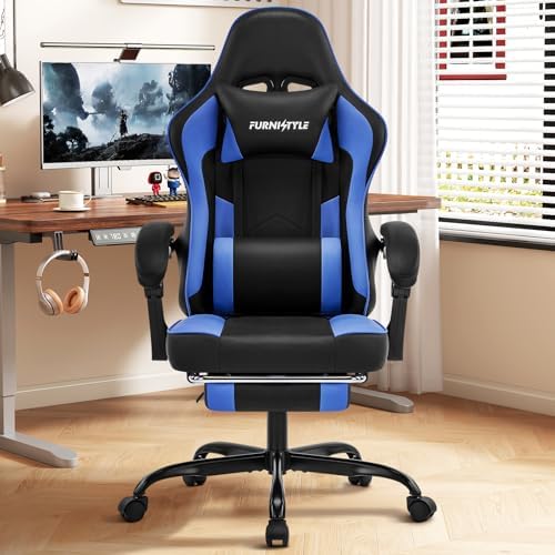 Gaming Chair for Adults, Video Game Chair with Footrest, PU Leather, Blue by Furnistyle