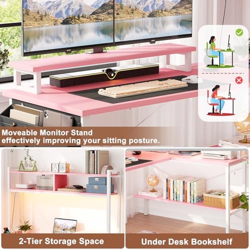 Aheaplus L Shaped Gaming Desk with Power Outlets & LED Lights, Pink - Image 6