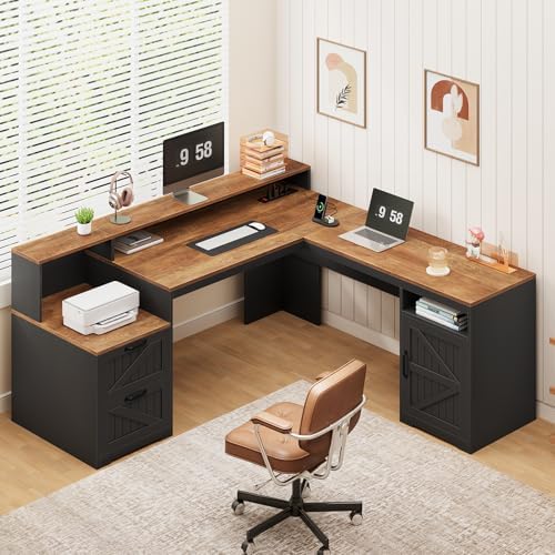 63" Farmhouse L Shaped Desk with Drawers & Printer Shelf for Home Office by YomiluveDesign