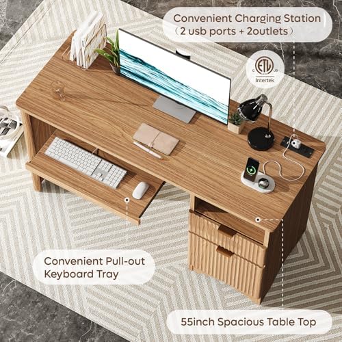 Bestier 55 Inch Computer Desk with Drawers, Power Outlet, Brown Oak - Image 3