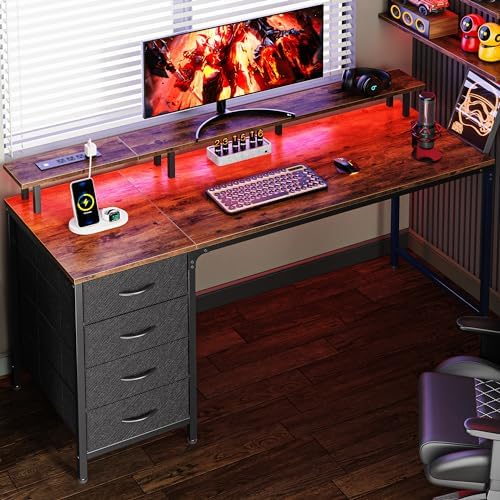 Huuger 55 Inch Computer Desk with Power Outlets and LED Lights, Gaming Desk with 4 Drawers, Office Desk with Monitor Stand, Study Work Home Office, Rustic Brown by Huuger