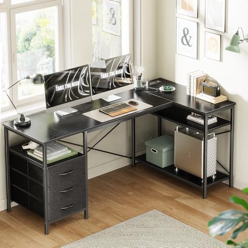 Huuger L Shaped Office Desk with Power Outlets & 3 Drawers - Image 2