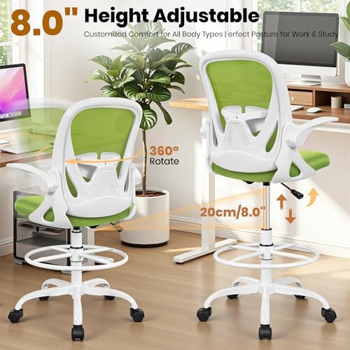Primy Drafting Chair Tall Office Chair with Flip-up Armrests Executive Ergonomic Computer Standing Desk Chair with Lumbar Support and Adjustable Footrest Ring (Green) - Image 7
