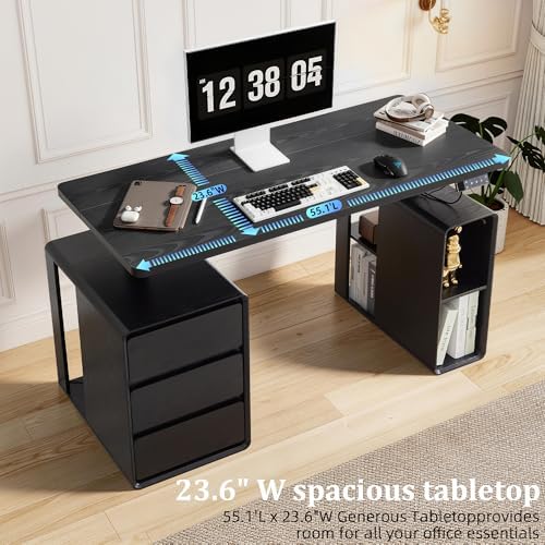 Electric Standing Desk with Drawers, 55" Office Desk Height Adjustable Executive Desk with Storage Shelves, Simple Setup Wood Desk Home Office Stand up Desk for Work, Study, Writing, Black - Image 6