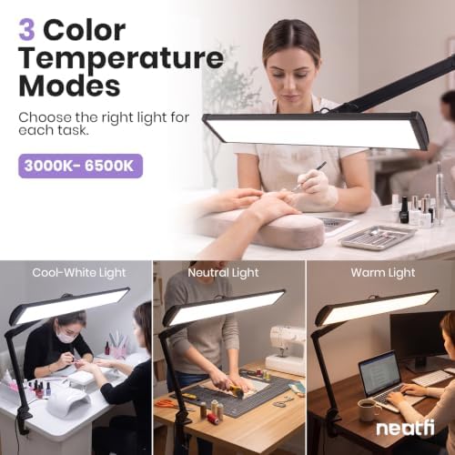 Neatfi Pro LED Desk Lamp with Clamp | 2,300 Lumens | CRI 95 | 30W Dimmable | Adjustable Color Modes | 360 LED Beads | Adjustable Arm for Home Office & Workbench (Black-5, 24-Inch Wide Shade) - Image 3