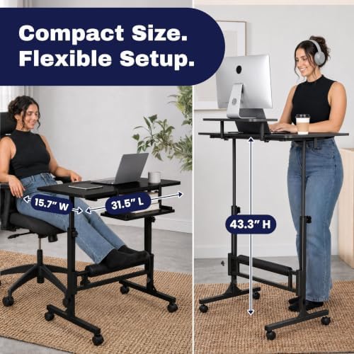 Small Rolling Desk with Wheels, Adjustable Height 27"-43.3" Portable Standing Desk, 31.5"x15.7" Tabletop, Mobile Laptop Computer Table for Home Office Workstation, Black - Image 3