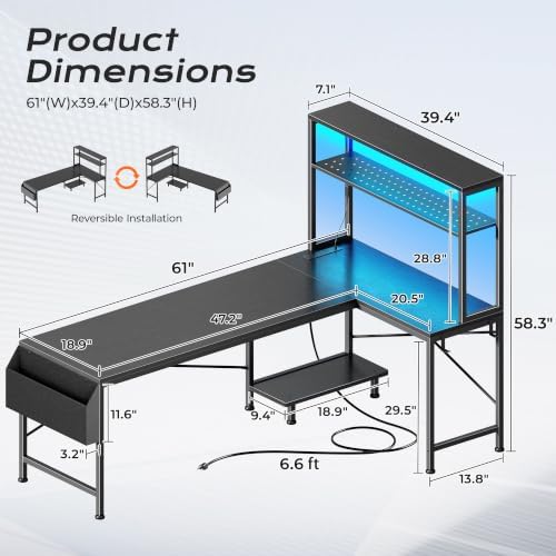 PRAISUN L Shaped Gaming Desk with LED Lights & Power Outlets - Image 2