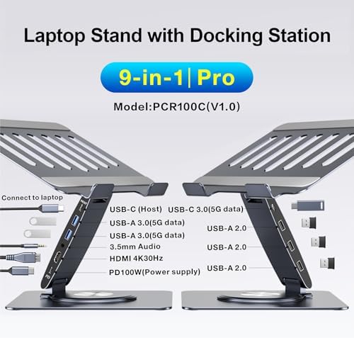 Laptop Docking Station Stand Dual Display 4K HDMI USB3.0 3.5mm Audio Jack 9-IN-1 360° Swivel Laptop Stand for Desk with USB-C Hub Multiport Adapter Universal for MacBook Pro/Air/Dell/HP/Surface/Lenovo - Image 2