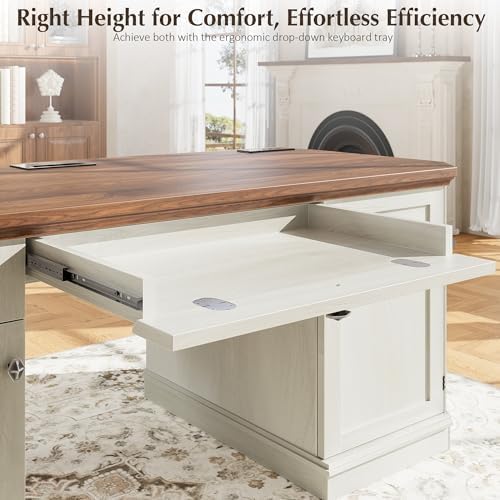 59" Classic Executive Desk with Storage, Victorian Executive Desk with Charging Station, Keyboard Tray, 3 Drawers & Cabinet Storage & Pedestal, Easy Assembly, White - Image 6
