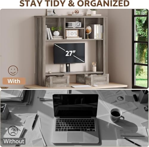 Desk Shelf with Computer Monitor Stand, 37.4''W Desktop Bookshelf - Image 4