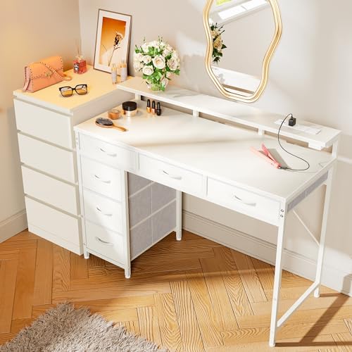 Huuger Gaming Desk with 6 Drawers, Computer Desk with LED Lights Power Outlets and Type-C, 39 Inch Office Desk with Storage, Monitor Stand, Writing Work Desk Home Office, Bedroom, White - Image 2