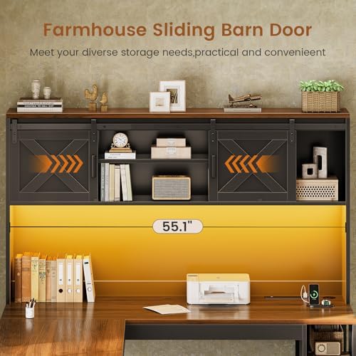 SEDETA 67" Farmhouse L Shaped Desk with Hutch, Black+Brown - Image 4