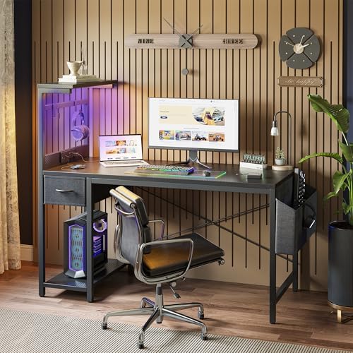 TIQLAB Gaming Desk 47 inch with Power Outlet and LED Light, Computer Desk with Reversible Shelves and Storage Drawer, Small PC Desk for Home Office Table with Bag, Carbon Fiber Black - Image 6