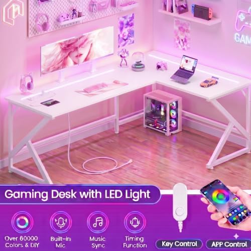 39.4'' L Shaped Gaming Desk with LED Lights & Power Outlets, White Desk - Image 4