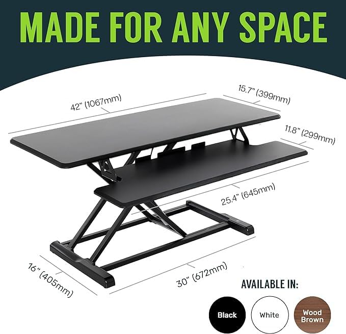 TechOrbits Standing Desk Converter - 42 Inch Adjustable Sit to Stand Up Desk Workstation, MDF Wood, Ergonomic Desk Riser with Keyboard Tray, Desktop Riser for Home Office Computer Laptop, Black 42" - Image 2