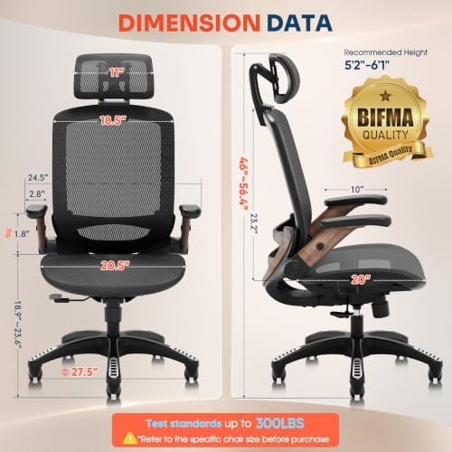 GABRYLLY Ergonomic Office Chair, High Back Home Desk Chair with 2D Flip-Up Arms, 3D Headrest, 90-120° Tilt and Wide Cushion, Big and Tall Mesh Chairs for Man Woman, Computer Task Chair Dark Wood Grain - Image 2