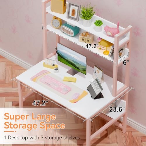 Aquzee Pink Desk with Shelves, Computer Desk with Hutch, 47 Inch - Image 4