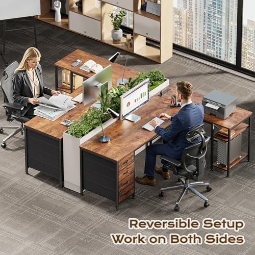 Huuger 55 Inch L Shaped Desk with Fabric Drawers, Reversible Computer Gaming Desk with Power Outlets and USB-C Port, Adjustable Side Storage Shelves, for Work Corner Home Office, Rustic Brown - Image 2
