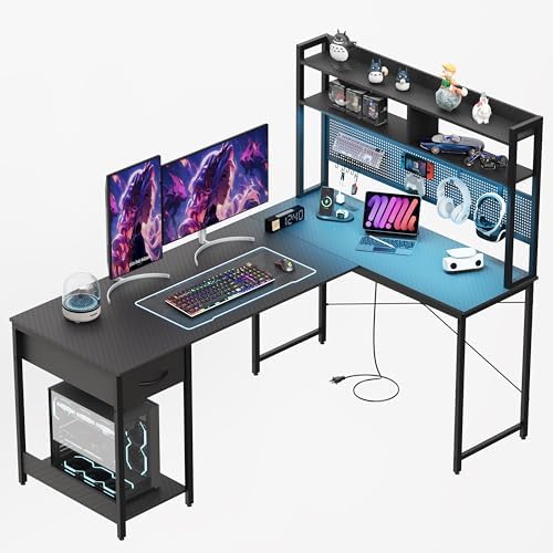 Apicizon L Shaped Gaming Desk 53" with Hutch, LED Light and Drawer by APICIZON